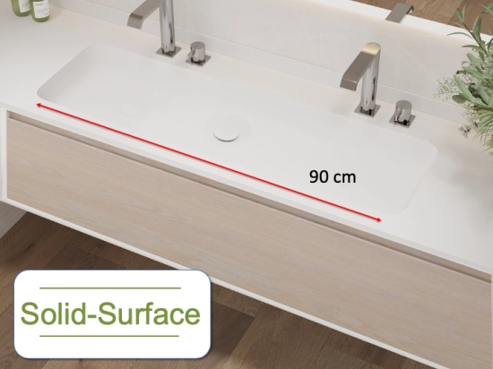Plan vasque à encastrer, double lavabo 90 cm de large, angle arrondi, L. 100 à 200 cm x 40 à 60 cm, résine minérale ACRYSTONE®, Finition lisse, Livraison Offerte et Rapide.